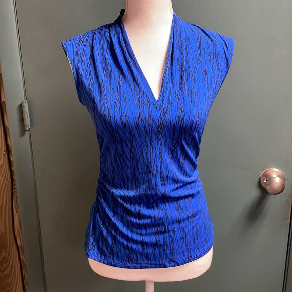 Blue and black pullover top with gathered sides
